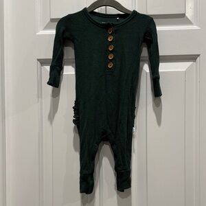 Posh Peanut thermal onesie forest green footless with ruffle butt crotch snaps.